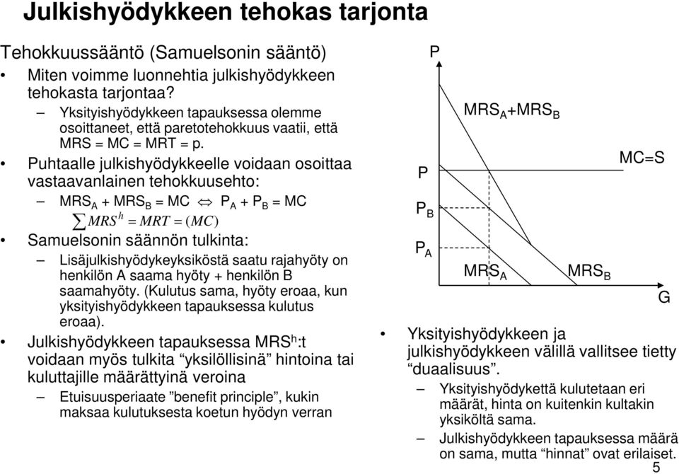 Puhtaalle julkishyödykkeelle voidaan osoittaa vastaavanlainen tehokkuusehto: MRS A + MRS B = MC P A + P B = MC MRS h = MRT = (MC) Samuelsonin säännön tulkinta: Lisäjulkishyödykeyksiköstä saatu