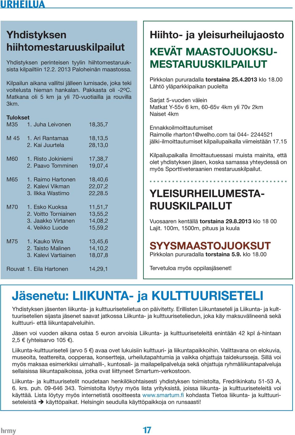 Juha Leivonen 18,35,7 M 45 1. Ari Rantamaa 18,13,5 2. Kai Juurtela 28,13,0 M60 1. Risto Jokiniemi 17,38,7 2. Paavo Tomminen 19,07,4 M65 1. Raimo Hartonen 18,40,6 2. Kalevi Vikman 22,07,2 3.