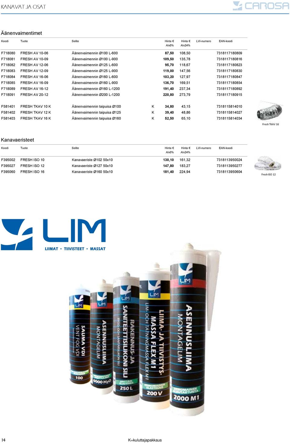 F718085 AV 16-09 Äänenvaimennin Ø160 L-900 136,70 169,51 7318117180854 F718089 AV 16-12 Äänenvaimennin Ø160 L-1200 191,40 237,34 7318117180892 F718091 AV 20-12 Äänenvaimennin Ø200 L-1200 220,80