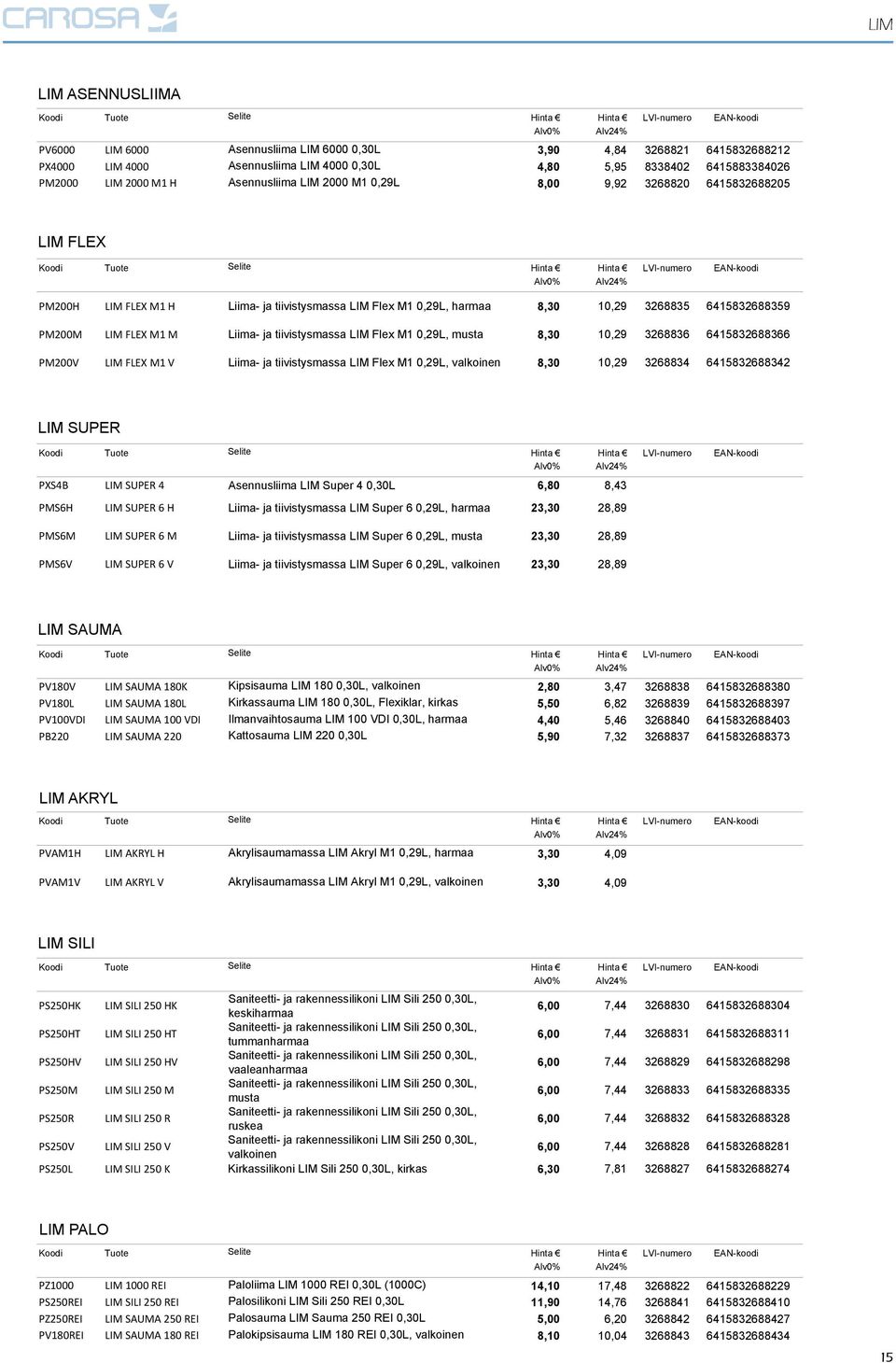 FLEX M1 M Liima- ja tiivistysmassa LIM Flex M1 0,29L, musta 8,30 10,29 3268836 6415832688366 PM200V LIM FLEX M1 V Liima- ja tiivistysmassa LIM Flex M1 0,29L, valkoinen 8,30 10,29 3268834