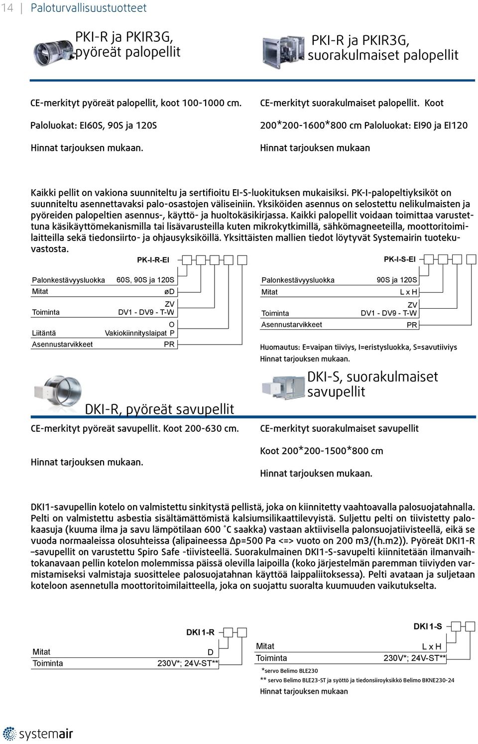 Koot 200*200-1600*800 cm Paloluokat: EI90 ja EI120 Hinnat tarjouksen mukaan Kaikki pellit on vakiona suunniteltu ja sertifioitu EI-S-luokituksen mukaisiksi.