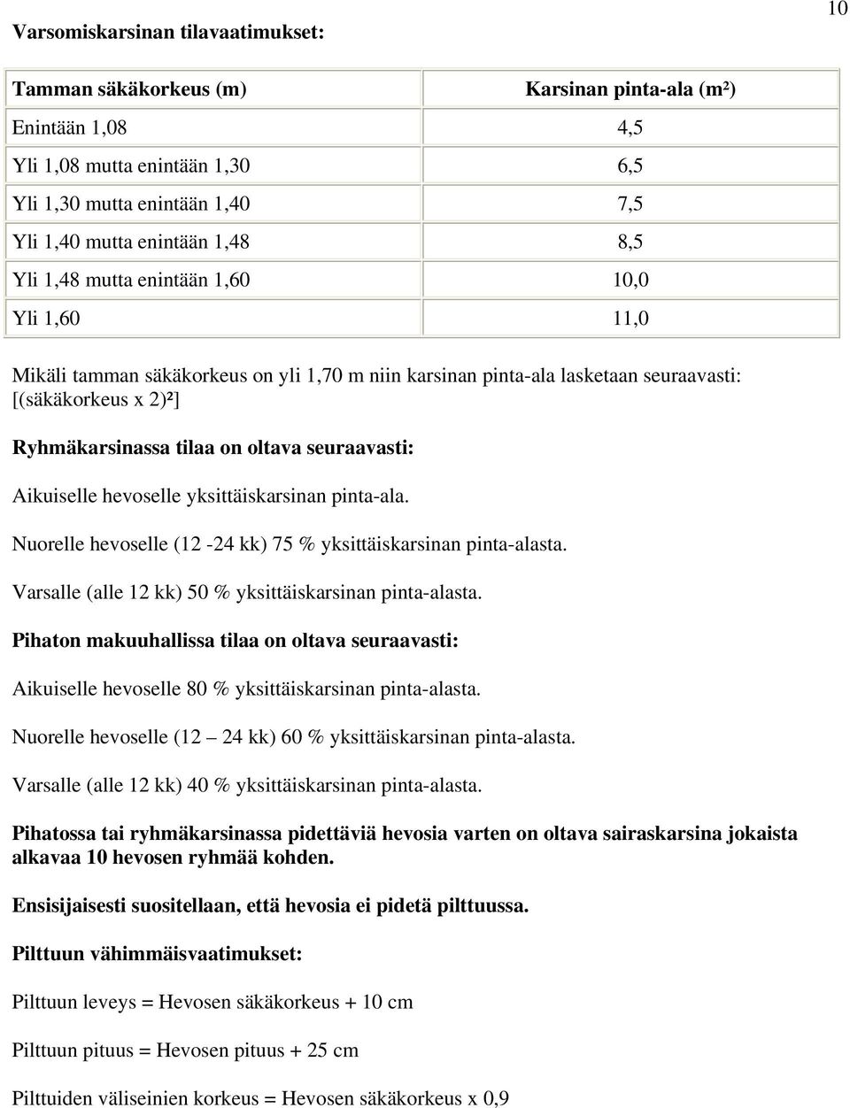 seuraavasti: Aikuiselle hevoselle yksittäiskarsinan pinta-ala. Nuorelle hevoselle (12-24 kk) 75 % yksittäiskarsinan pinta-alasta. Varsalle (alle 12 kk) 50 % yksittäiskarsinan pinta-alasta.