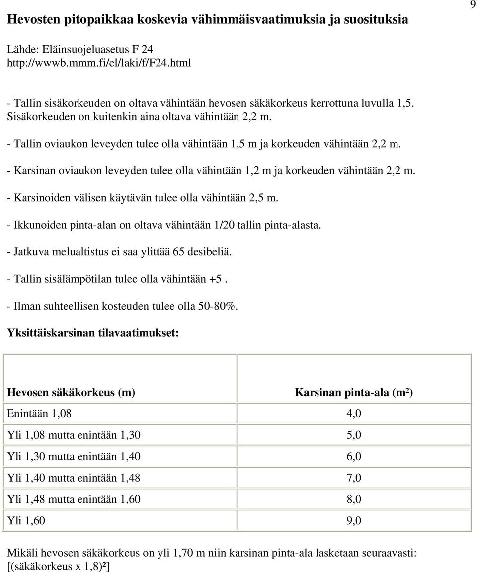 - Tallin oviaukon leveyden tulee olla vähintään 1,5 m ja korkeuden vähintään 2,2 m. - Karsinan oviaukon leveyden tulee olla vähintään 1,2 m ja korkeuden vähintään 2,2 m.