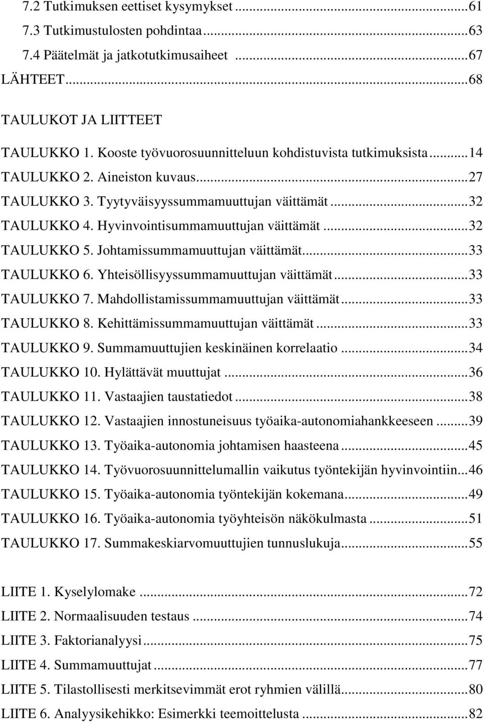 Hyvinvointisummamuuttujan väittämät... 32 TAULUKKO 5. Johtamissummamuuttujan väittämät... 33 TAULUKKO 6. Yhteisöllisyyssummamuuttujan väittämät... 33 TAULUKKO 7.