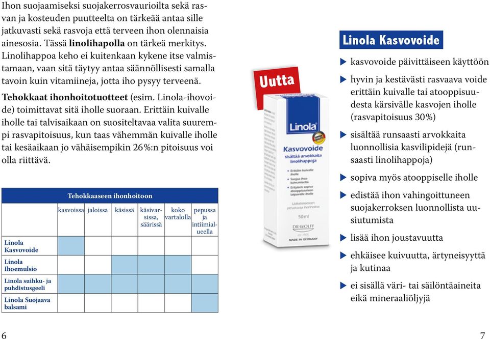 Tehokkaat ihonhoitotuotteet (esim. Linola-ihovoide) toimittavat sitä iholle suoraan.