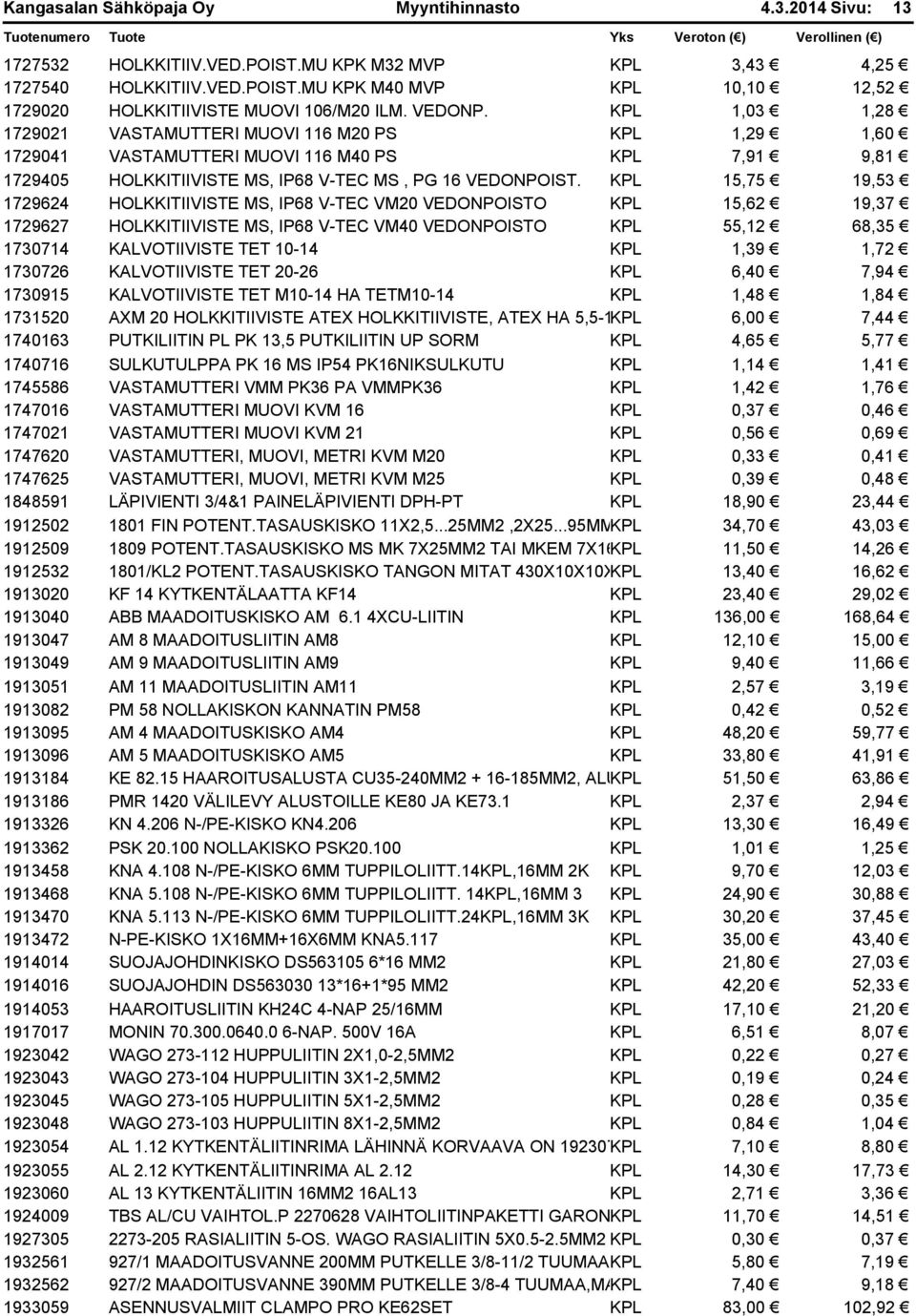 KPL 15,75 19,53 1729624 HOLKKITIIVISTE MS, IP68 V-TEC VM20 VEDONPOISTO KPL 15,62 19,37 1729627 HOLKKITIIVISTE MS, IP68 V-TEC VM40 VEDONPOISTO KPL 55,12 68,35 1730714 KALVOTIIVISTE TET 10-14 KPL 1,39
