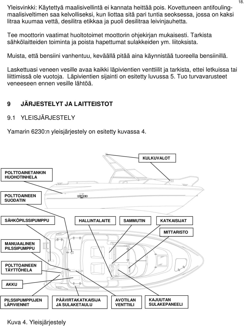 Tee moottorin vaatimat huoltotoimet moottorin ohjekirjan mukaisesti. Tarkista sähkölaitteiden toiminta ja poista hapettumat sulakkeiden ym. liitoksista.