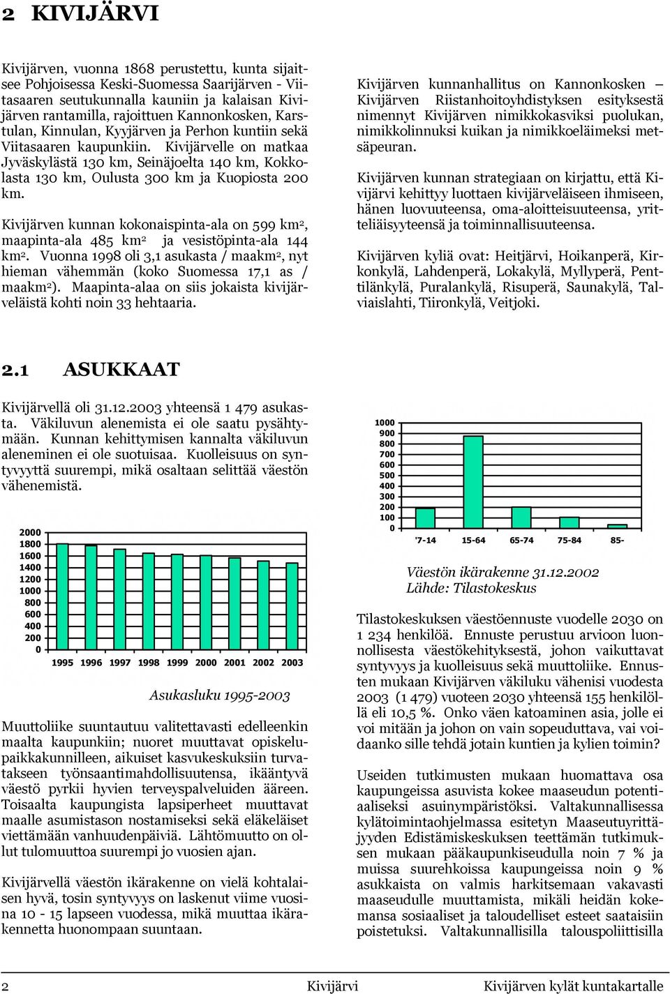 Kivijärven kunnan kokonaispinta-ala on 599 km 2, maapinta-ala 485 km 2 ja vesistöpinta-ala 144 km 2. Vuonna 1998 oli 3,1 asukasta / maakm 2, nyt hieman vähemmän (koko Suomessa 17,1 as / maakm 2 ).