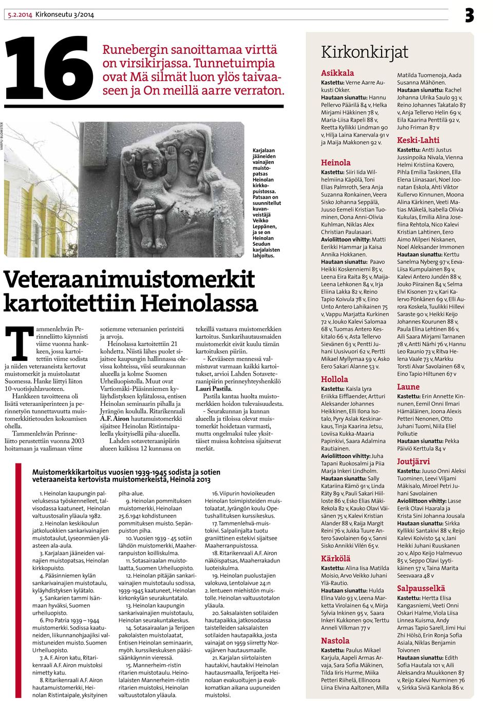 muistolaatat Suomessa. Hanke liittyi liiton 10-vuotisjuhlavuoteen. Hankkeen tavoitteena oli lisätä veteraaniperinteen ja perinnetyön tunnettavuutta muistomerkkitietouden kokoamisen ohella.