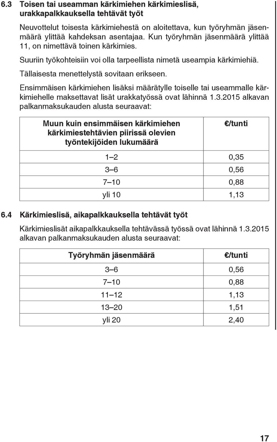 Ensimmäisen kärkimiehen lisäksi määrätylle toiselle tai useammalle kärkimiehelle maksettavat lisät urakkatyössä ovat lähinnä 1.3.