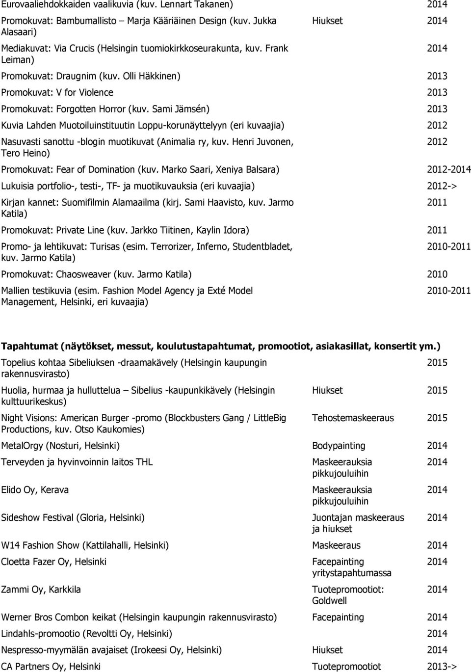 Sami Jämsén) Kuvia Lahden Muotoiluinstituutin Loppu-korunäyttelyyn (eri kuvaajia) 2012 Nasuvasti sanottu -blogin muotikuvat (Animalia ry, kuv.