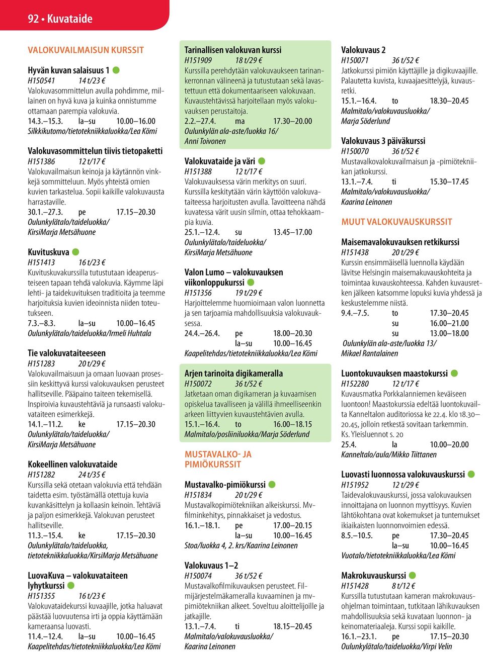 Myös yhteistä omien kuvien tarkastelua. Sopii kaikille valokuvausta harrastaville. 30.1. 27.3. pe 17.15 20.