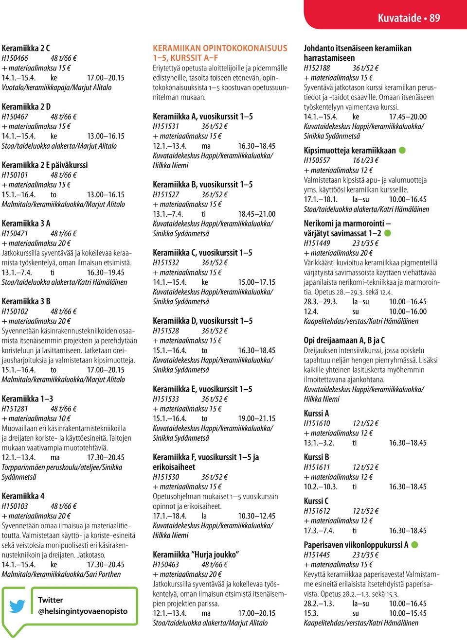 15 Malmitalo/keramiikkaluokka/Marjut Alitalo Keramiikka 3 A H150471 48 t/66 Jatkokurssilla syventävää ja kokeilevaa keraamista työskentelyä, oman ilmaisun etsimistä. 13.1. 7.4. ti 16.30 19.