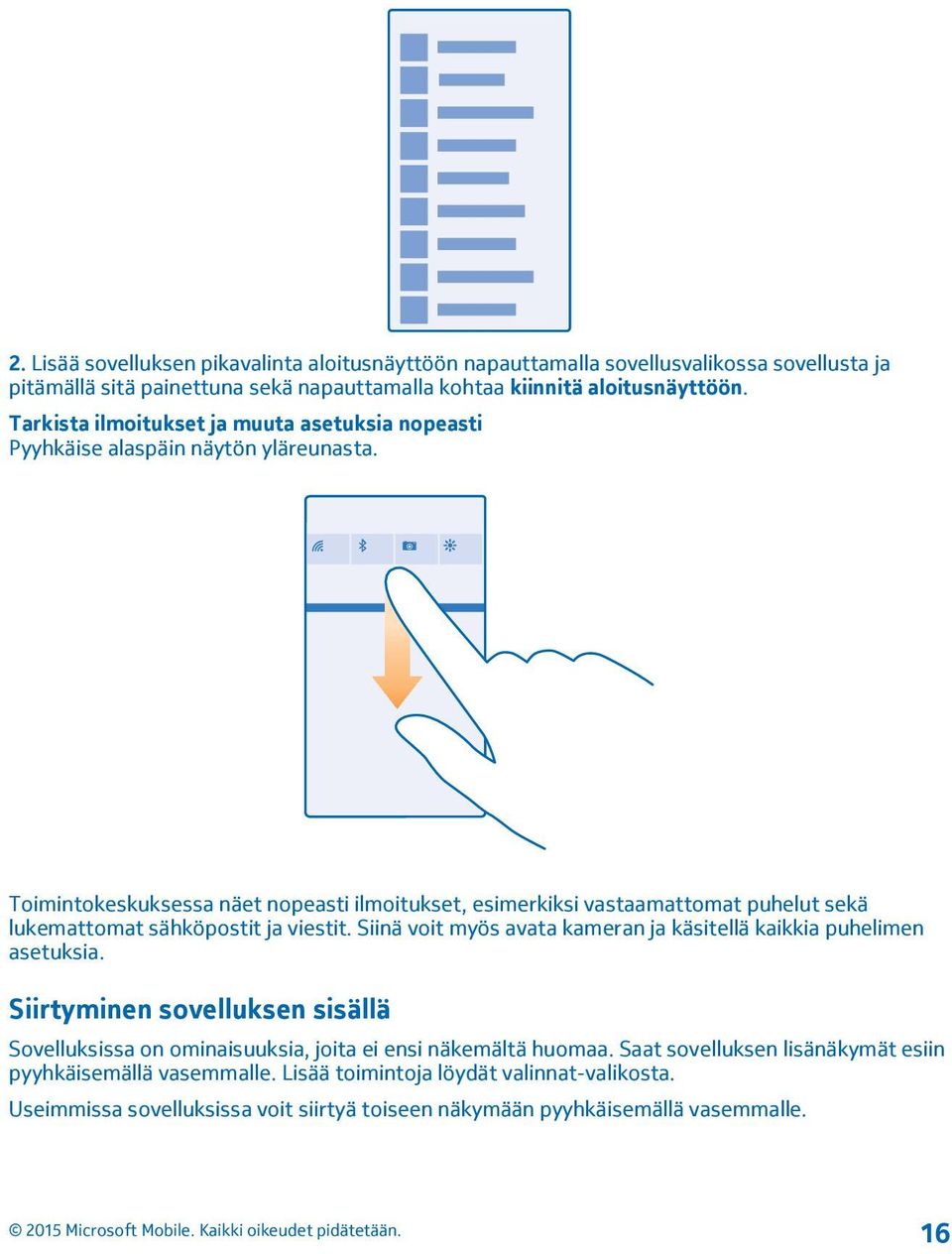 Toimintokeskuksessa näet nopeasti ilmoitukset, esimerkiksi vastaamattomat puhelut sekä lukemattomat sähköpostit ja viestit.