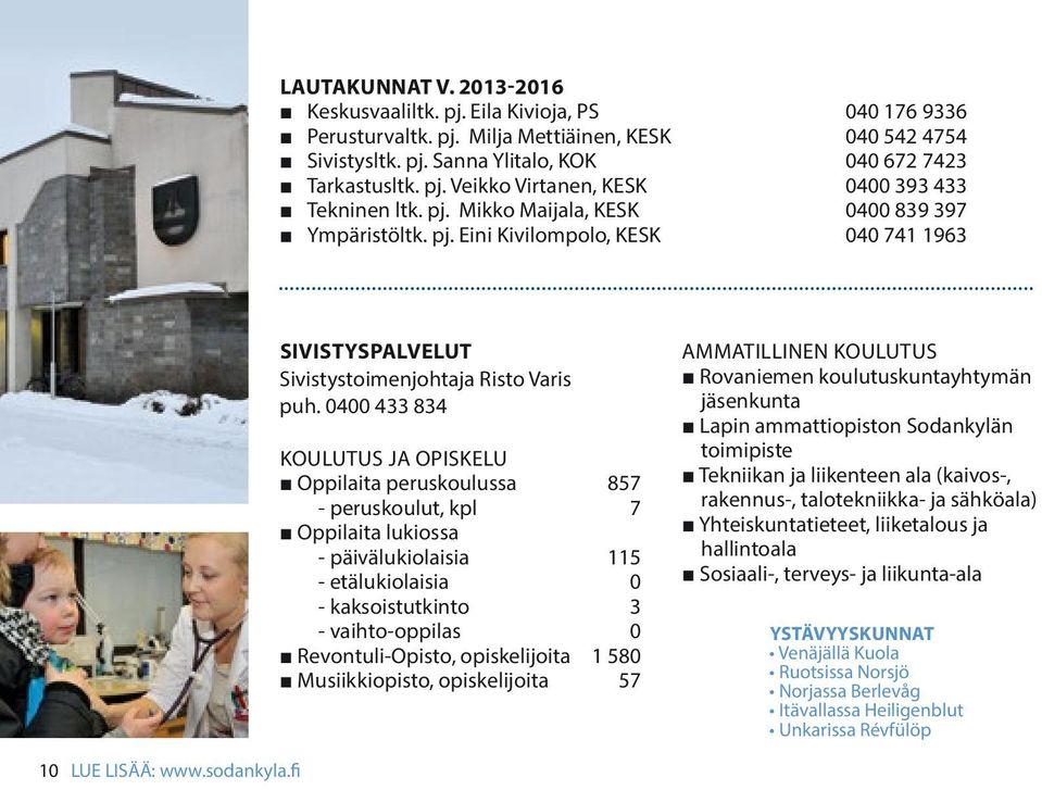 0400 433 834 KOULUTUS JA OPISKELU Oppilaita peruskoulussa 857 - peruskoulut, kpl 7 Oppilaita lukiossa - päivälukiolaisia 115 - etälukiolaisia 0 - kaksoistutkinto 3 - vaihto-oppilas 0