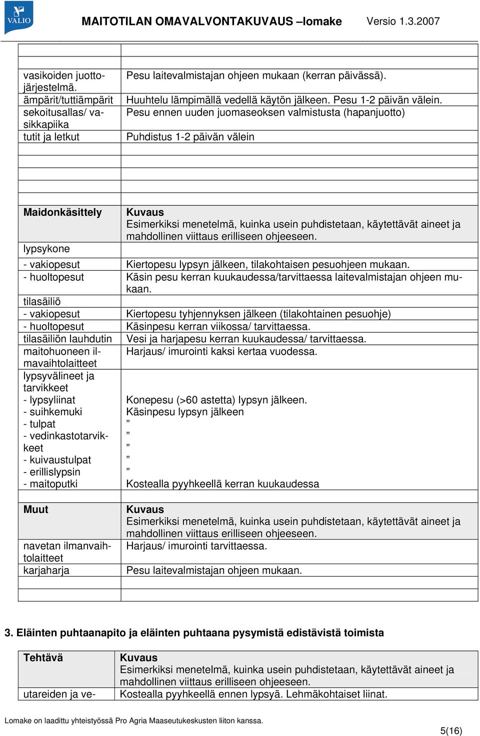 Pesu ennen uuden juomaseoksen valmistusta (hapanjuotto) Puhdistus 1-2 päivän välein Maidonkäsittely lypsykone Kuvaus Esimerkiksi menetelmä, kuinka usein puhdistetaan, käytettävät aineet ja