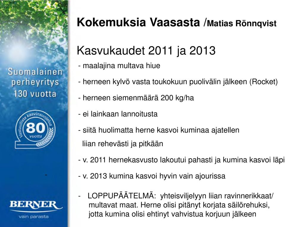 pitkään - v. 2011 hernekasvusto lakoutui pahasti ja kumina kasvoi läpi - - v.