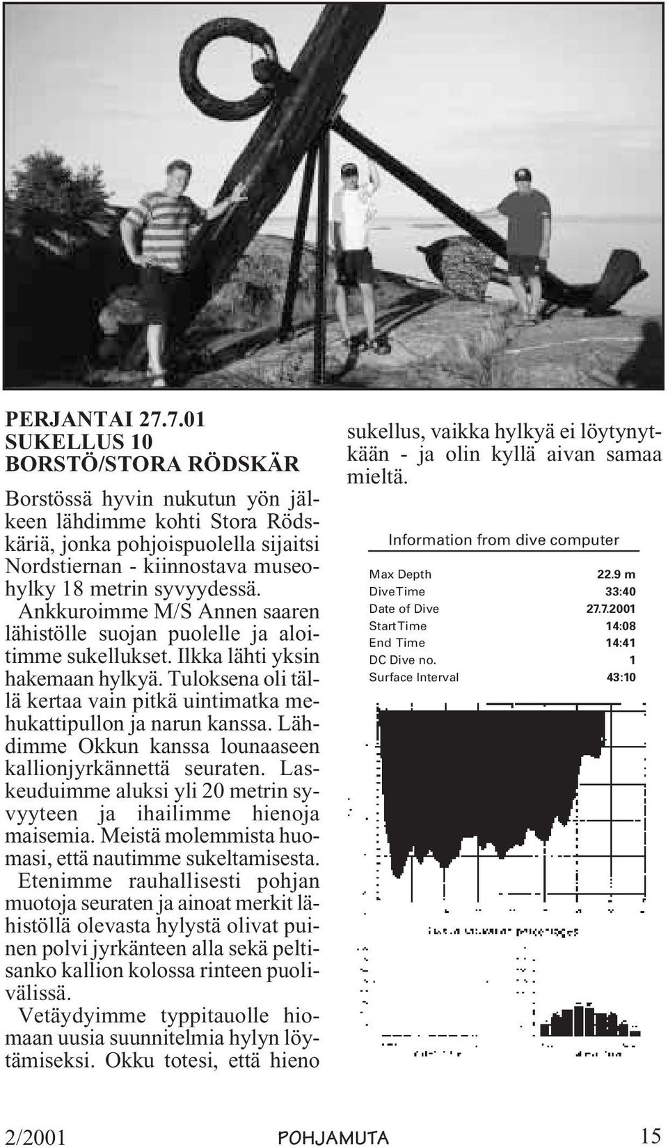 Ankkuroimme M/S Annen saaren lähistölle suojan puolelle ja aloitimme sukellukset. Ilkka lähti yksin hakemaan hylkyä. Tuloksena oli tällä kertaa vain pitkä uintimatka mehukattipullon ja narun kanssa.