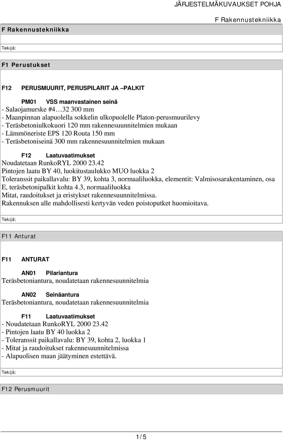 42 Pintojen laatu BY 40, luokitustaulukko MUO luokka 2 Toleranssit paikallavalu: BY 39, kohta 3, normaaliluokka, elementit: Valmisosarakentaminen, osa E, teräsbetonipalkit kohta 4.