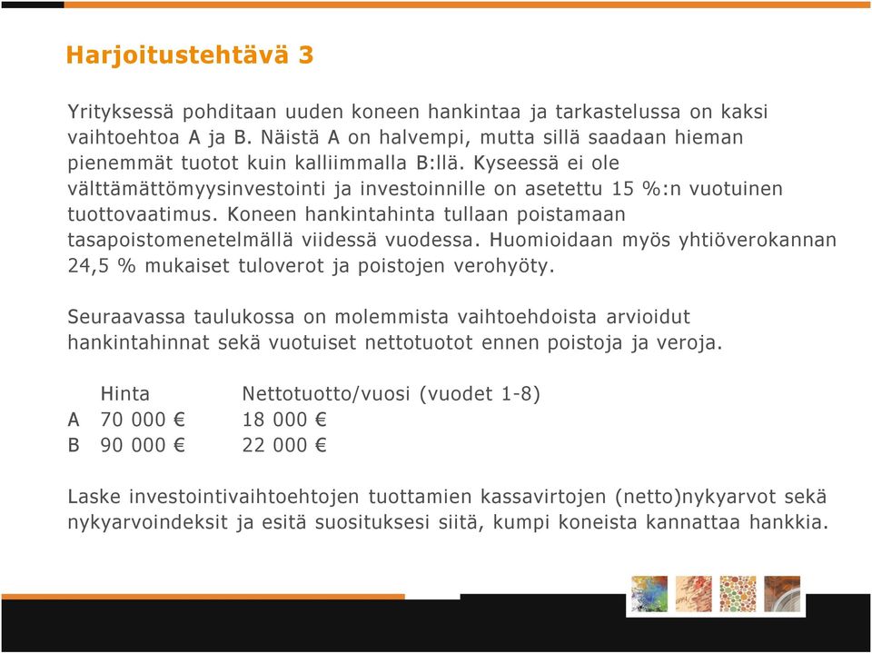 Huomioidaan myös yhtiöverokannan 24,5 % mukaiset tuloverot ja poistojen verohyöty.