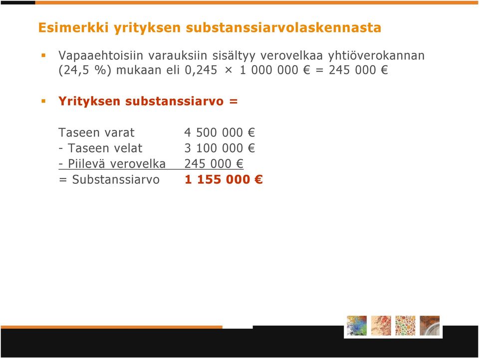 0,245 1 000 000 = 245 000 Yrityksen substanssiarvo = Taseen varat 4