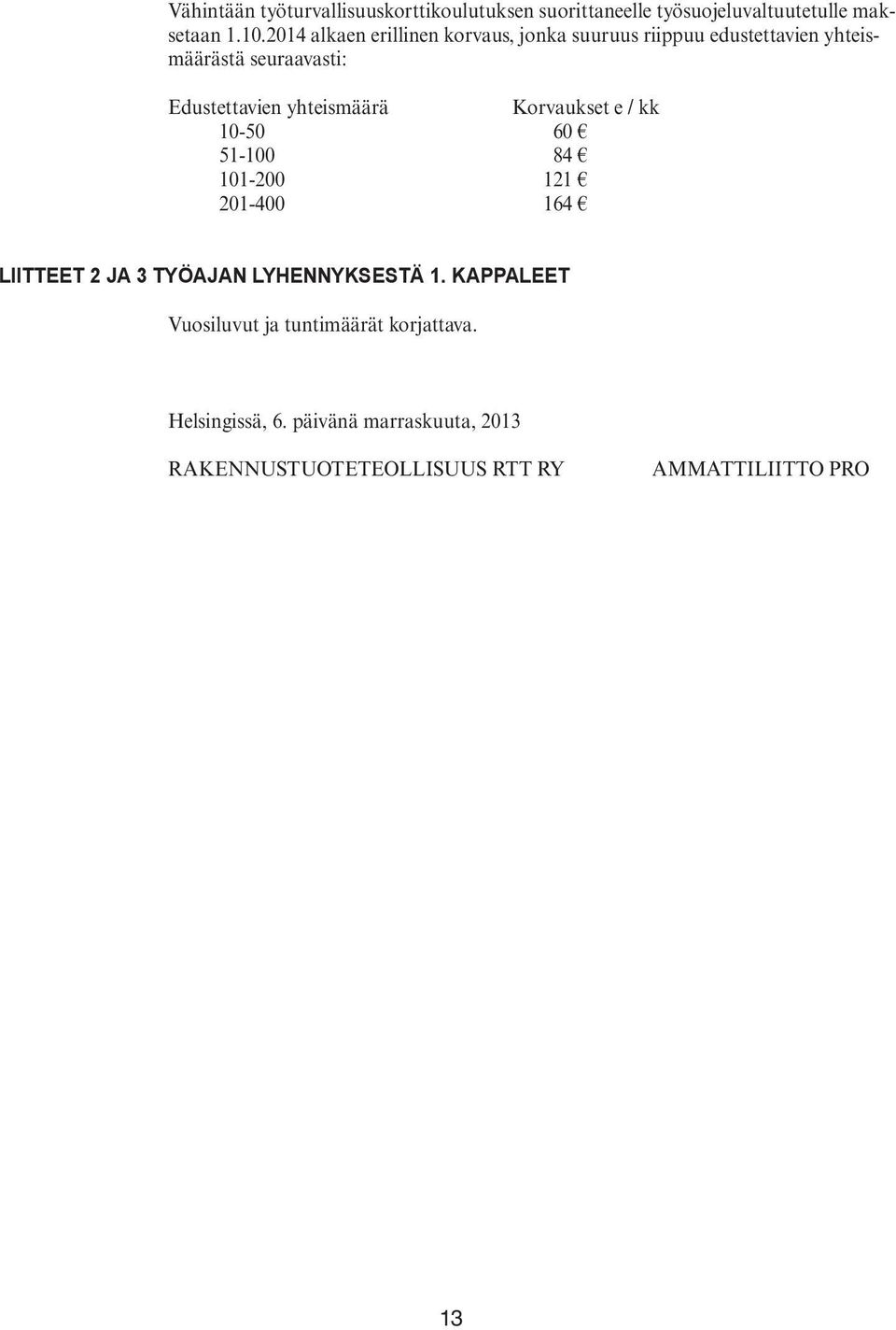 yhteismäärä Korvaukset e / kk 10-50 60 51-100 84 101-200 121 201-400 164 LIITTEET 2 JA 3 TYÖAJAN LYHENNYKSESTÄ 1.