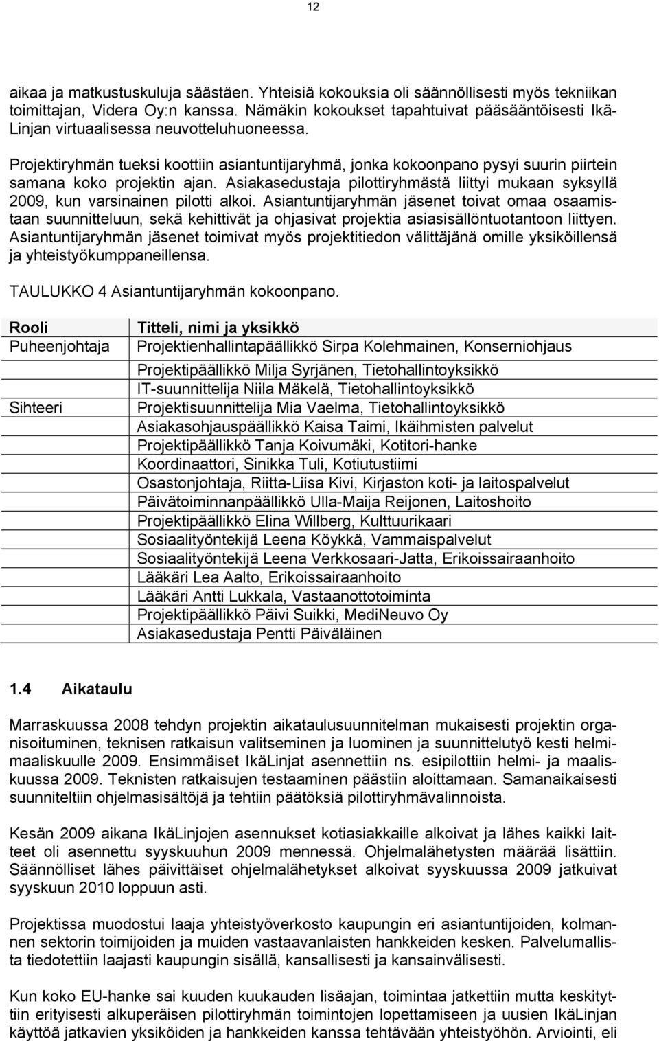 Projektiryhmän tueksi koottiin asiantuntijaryhmä, jonka kokoonpano pysyi suurin piirtein samana koko projektin ajan.