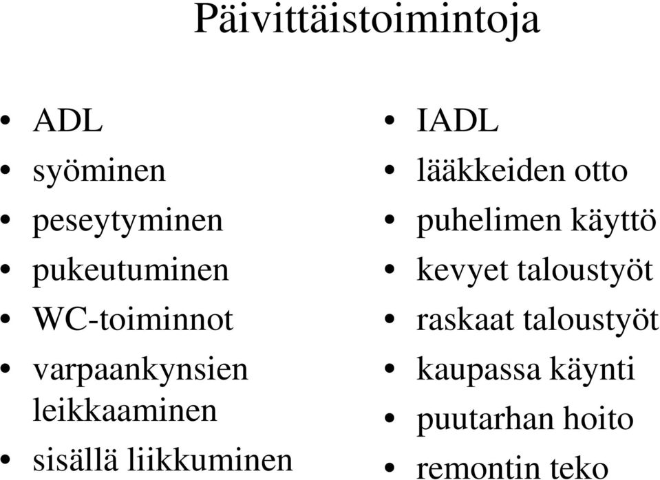 IADL lääkkeiden otto puhelimen käyttö kevyet taloustyöt