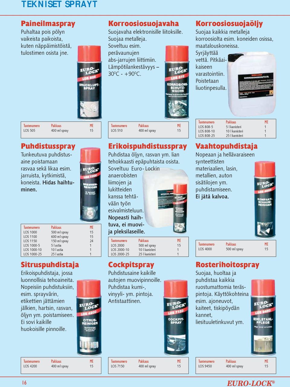 Syrjäyttää vettä. Pitkäaikaiseen varastointiin. Poistetaan liuotinpesulla. LOS 505 400 ml spray 15 Puhdistusspray Tunkeutuva puhdistusaine poistamaan rasvaa sekä likaa esim.