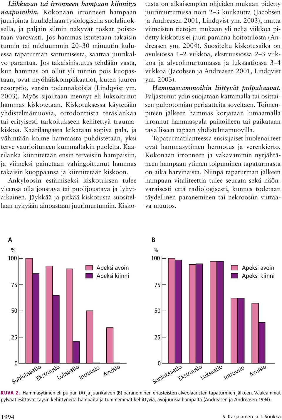 Jos takaisinistutus tehdään vasta, kun hammas on ollut yli tunnin pois kuopastaan, ovat myöhäiskomplikaatiot, kuten juuren resorptio, varsin todennäköisiä (Lindqvist ym. 2003).