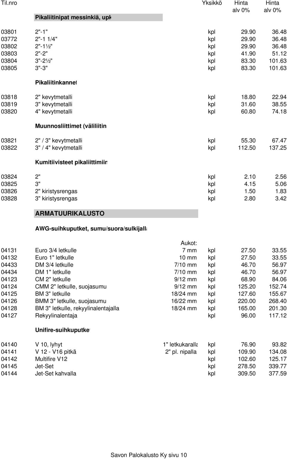 18 Muunnosliittimet (väliliitin 03821 2" / 3" kevytmetalli kpl 55.30 67.47 03822 3" / 4" kevytmetalli kpl 112.50 137.25 Kumitiivisteet pikaliittimiin 03824 2" kpl 2.10 2.56 03825 3" kpl 4.15 5.