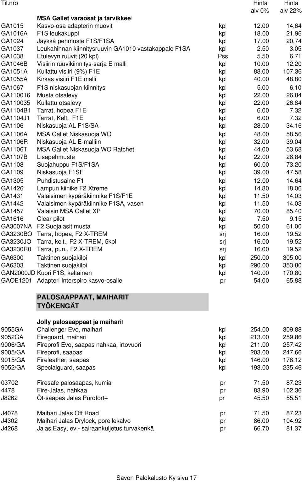 20 GA1051A Kullattu visiiri (9%) F1E kpl 88.00 107.36 GA1055A Kirkas visiiri F1E malli kpl 40.00 48.80 GA1067 F1S niskasuojan kiinnitys kpl 5.00 6.10 GA110016 Musta otsalevy kpl 22.00 26.