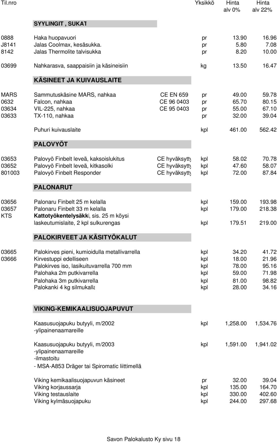 10 03633 TX-110, nahkaa pr 32.00 39.04 Puhuri kuivauslaite kpl 461.00 562.42 PALOVYÖT 03653 Palovyö Finbelt leveä, kaksoislukitus CE hyväksytty kpl 58.02 70.