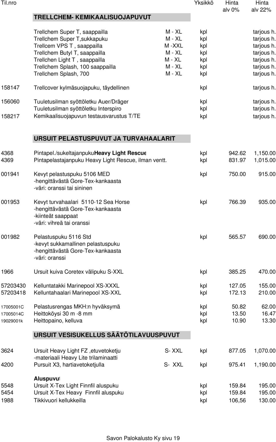 Trellchem Splash, 700 M - XL kpl tarjous h. 158147 Trellcover kylmäsuojapuku, täydellinen kpl tarjous h. 156060 Tuuletusilman syöttöletku Auer/Dräger kpl tarjous h.