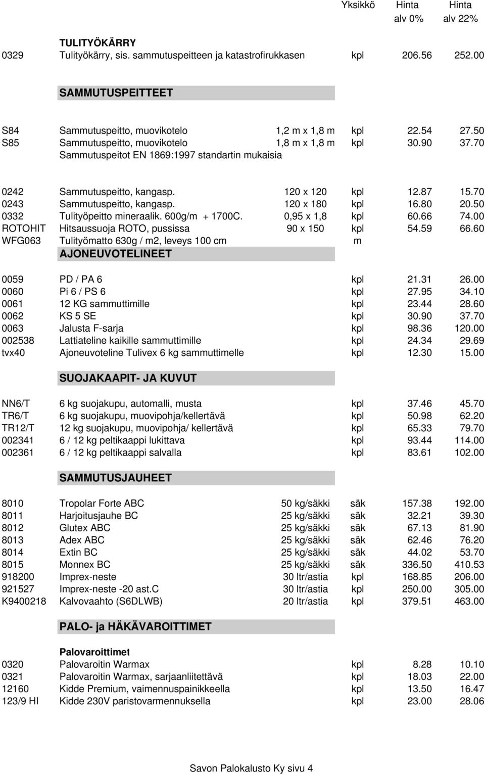 120 x 180 kpl 16.80 20.50 0332 Tulityöpeitto mineraalik. 600g/m + 1700C. 0,95 x 1,8 kpl 60.66 74.00 ROTOHIT Hitsaussuoja ROTO, pussissa 90 x 150 kpl 54.59 66.