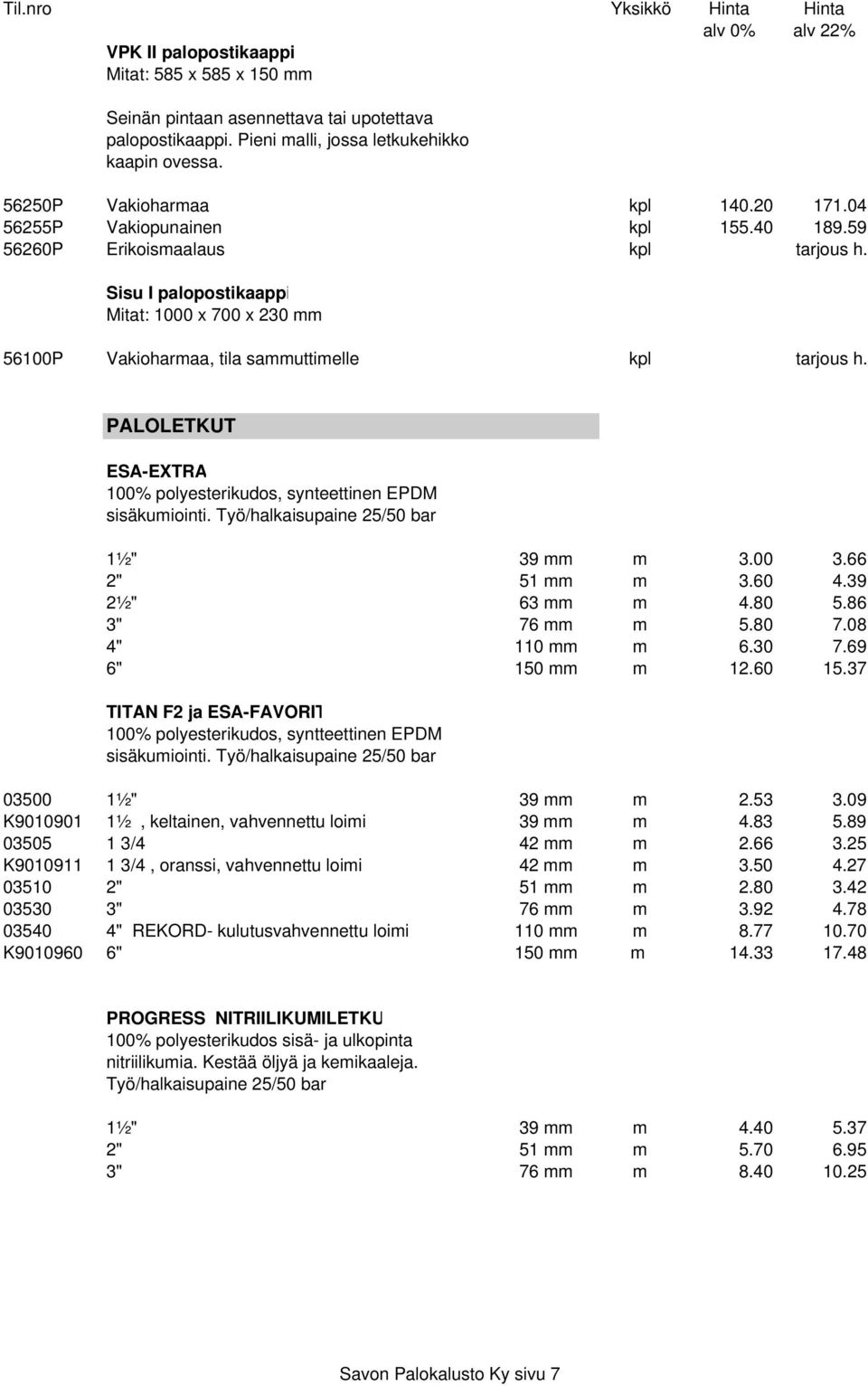 PALOLETKUT ESA-EXTRA 100% polyesterikudos, synteettinen EPDM sisäkumiointi. Työ/halkaisupaine 25/50 bar 1½" 39 mm m 3.00 3.66 2" 51 mm m 3.60 4.39 2½" 63 mm m 4.80 5.86 3" 76 mm m 5.80 7.