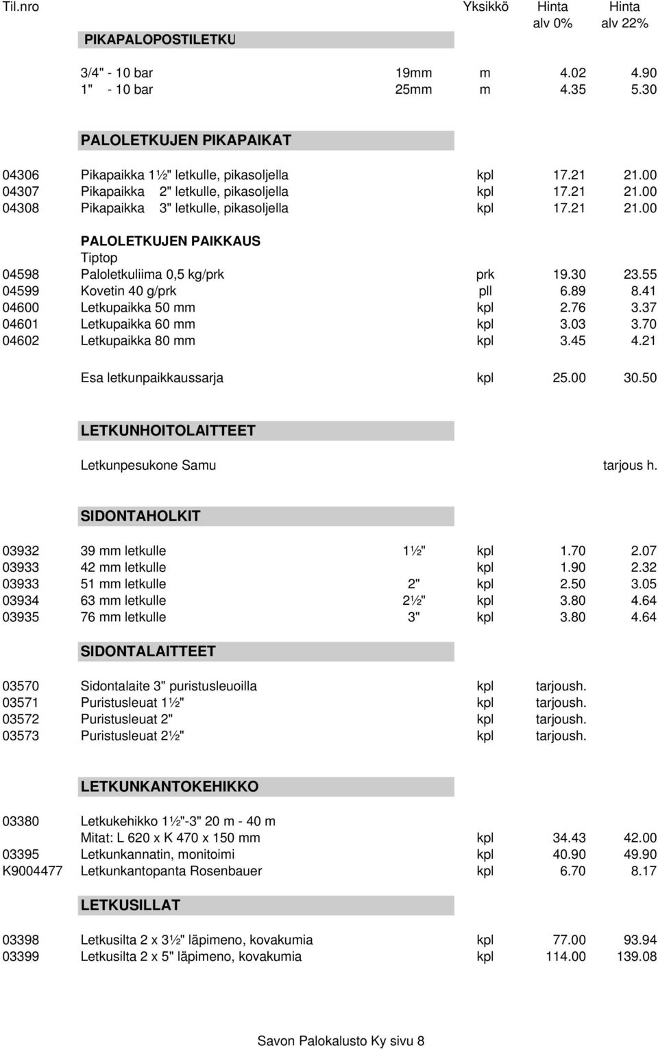 55 04599 Kovetin 40 g/prk pll 6.89 8.41 04600 Letkupaikka 50 mm kpl 2.76 3.37 04601 Letkupaikka 60 mm kpl 3.03 3.70 04602 Letkupaikka 80 mm kpl 3.45 4.21 Esa letkunpaikkaussarja kpl 25.00 30.