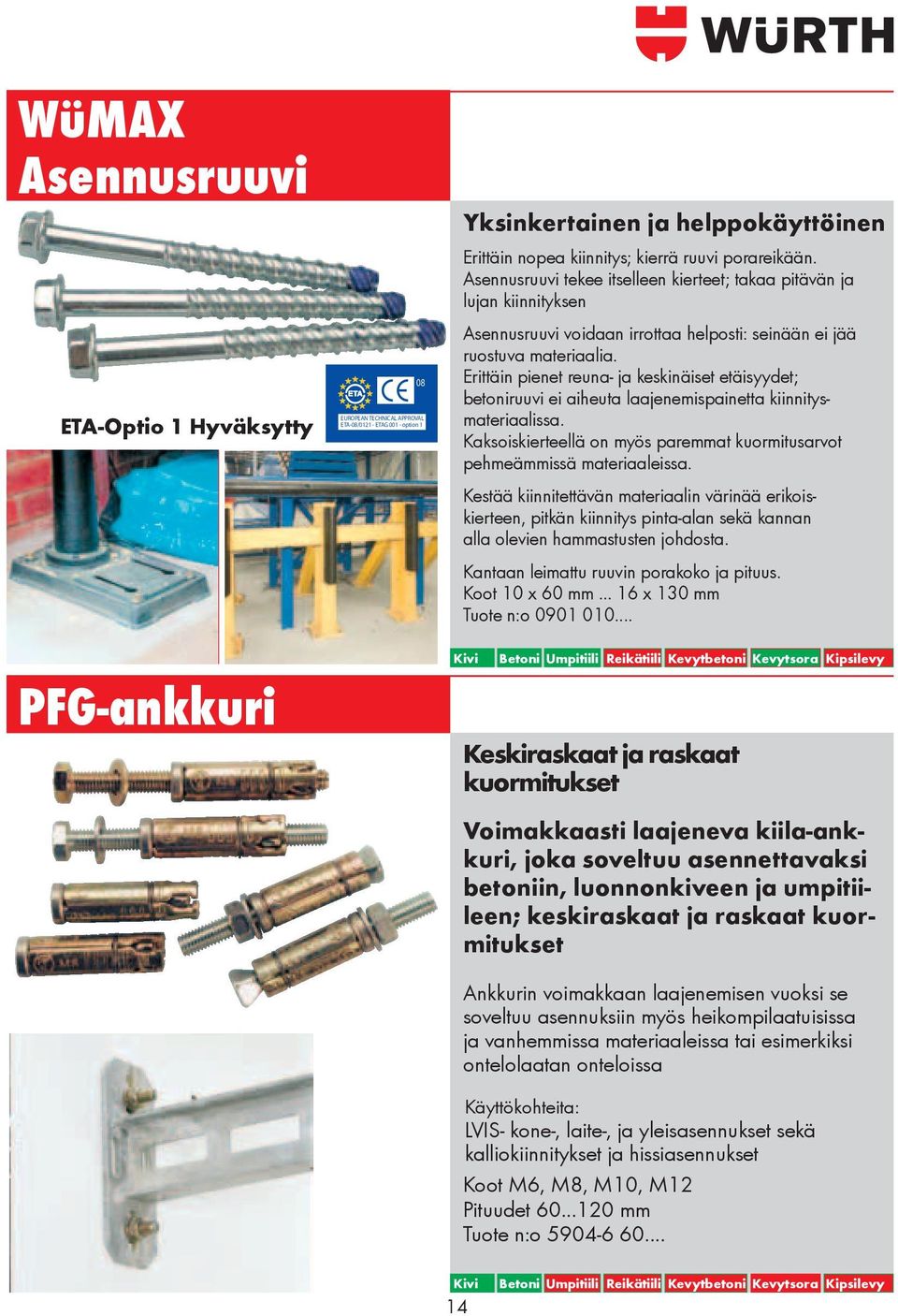 Erittäin pienet reuna- ja keskinäiset etäisyydet; betoniruuvi ei aiheuta laajenemispainetta kiinnitysmateriaalissa. Kaksoiskierteellä on myös paremmat kuormitusarvot pehmeämmissä materiaaleissa.