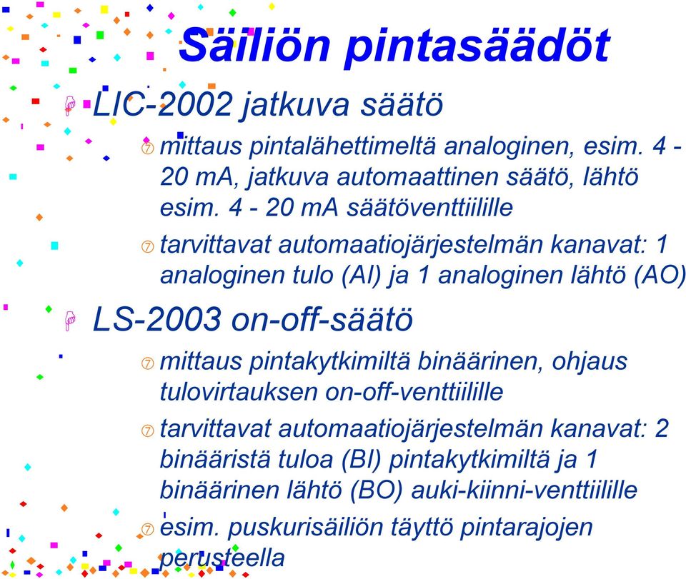 on-off-säätö mittaus pintakytkimiltä binäärinen, ohjaus tulovirtauksen on-off-venttiilille tarvittavat automaatiojärjestelmän kanavat: