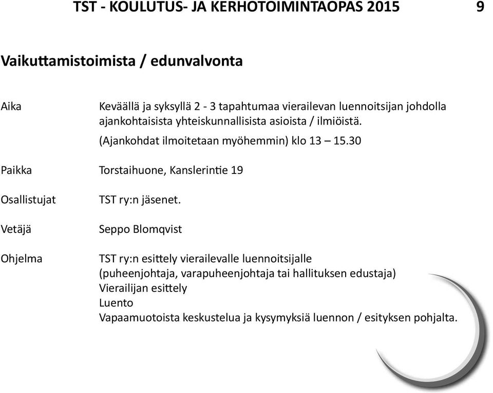 30 Torstaihuone, Kanslerintie 19 Vetäjä TST ry:n jäsenet.