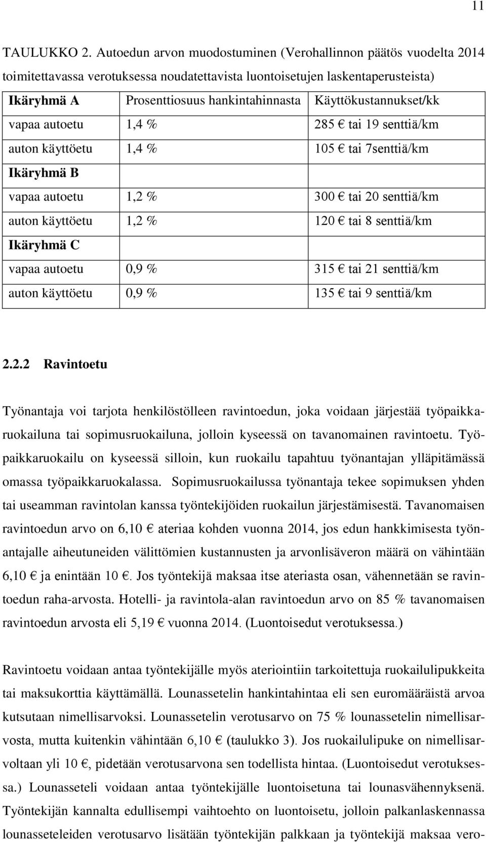 Käyttökustannukset/kk vapaa autoetu 1,4 % 285 tai 19 senttiä/km auton käyttöetu 1,4 % 105 tai 7senttiä/km Ikäryhmä B vapaa autoetu 1,2 % 300 tai 20 senttiä/km auton käyttöetu 1,2 % 120 tai 8