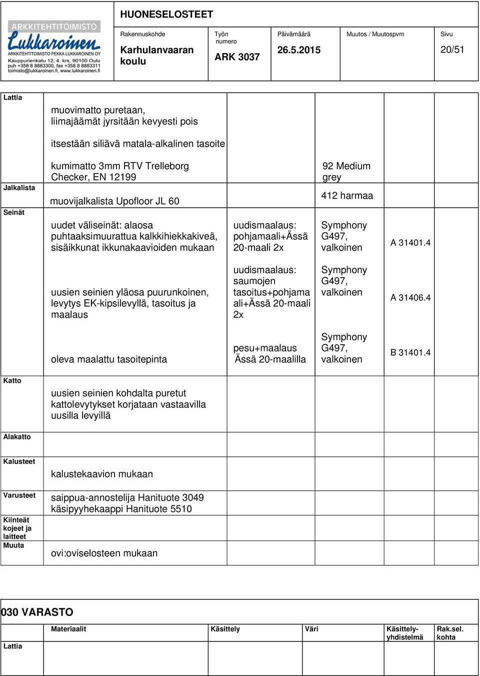 4 uusien seinien yläosa puurunkoinen, levytys EK-kipsilevyllä, tasoitus ja maalaus uudismaalaus: saumojen tasoitus+pohjama ali+ässä 20-maali 2x A 31406.