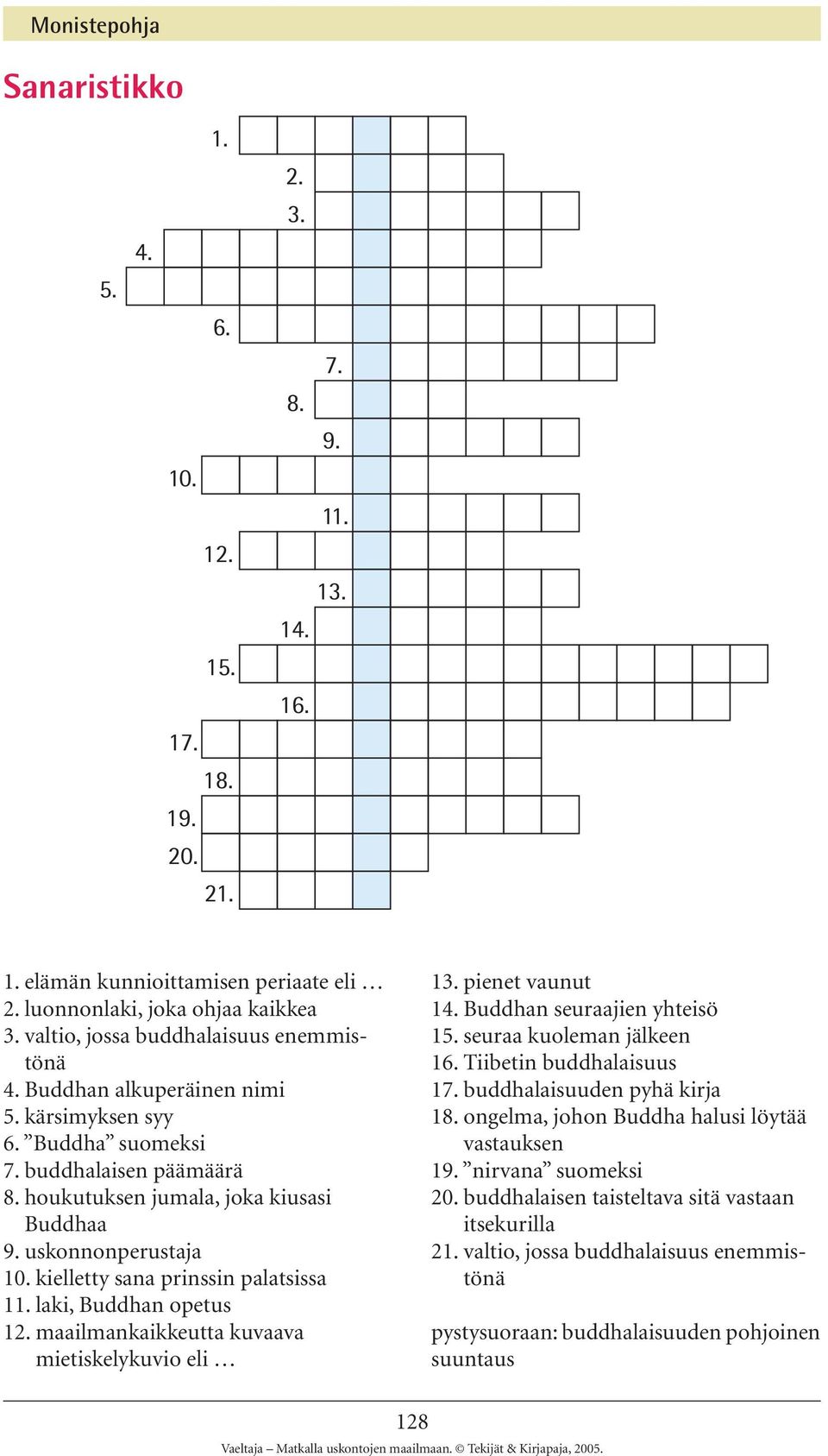 kielletty sana prinssin palatsissa 11. laki, Buddhan opetus 12. maailmankaikkeutta kuvaava mietiskelykuvio eli 13. pienet vaunut 14. Buddhan seuraajien yhteisö 15. seuraa kuoleman jälkeen 16.