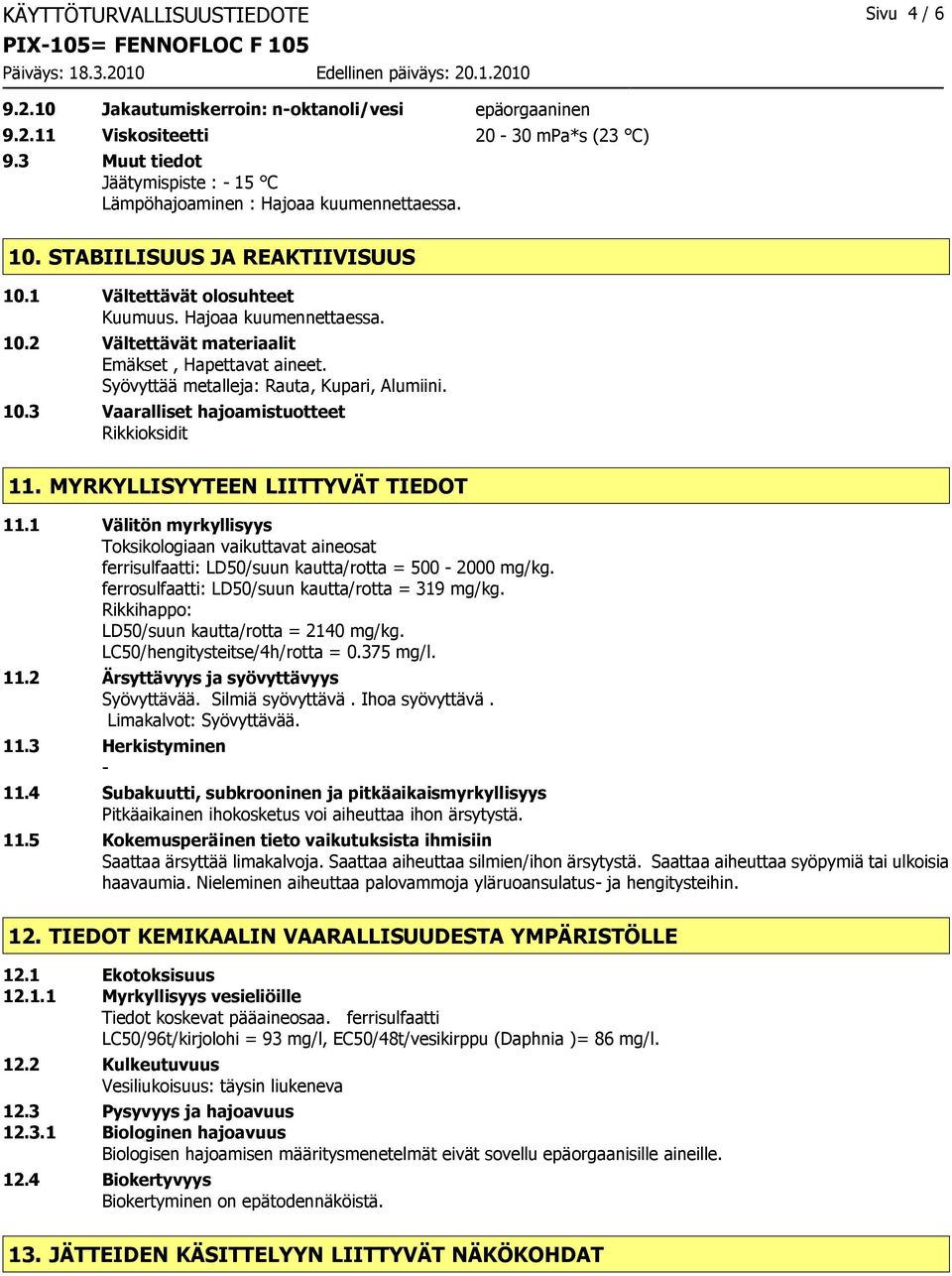 Syövyttää metalleja: Rauta, Kupari, Alumiini. 10.3 Vaaralliset hajoamistuotteet Rikkioksidit 11. MYRKYLLISYYTEEN LIITTYVÄT TIEDOT 11.