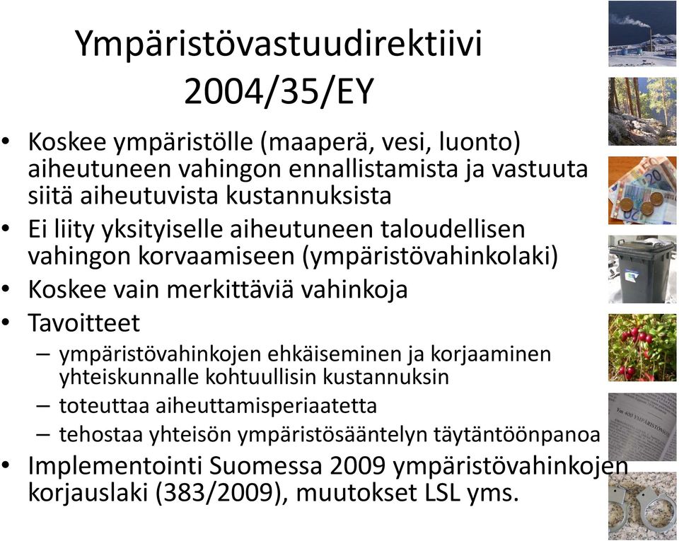 merkittäviä vahinkoja Tavoitteet ympäristövahinkojen ehkäiseminen ja korjaaminen yhteiskunnalle kohtuullisin kustannuksin toteuttaa