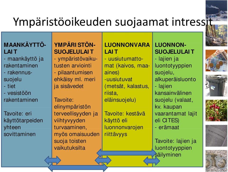 meri ja sisävedet -uusiutuvat (metsät, kalastus, suojelu, alkuperäisluonto - lajien - vesistöön rakentaminen Tavoite: riista, eläinsuojelu) kansainvälinen suojelu (valaat, Tavoite: eri