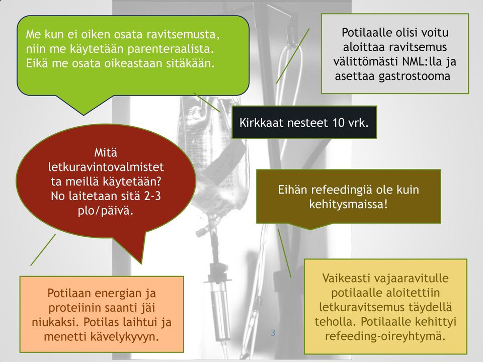 Mitä letkuravintovalmistet ta meillä käytetään? No laitetaan sitä 2-3 plo/päivä. Eihän refeedingiä ole kuin kehitysmaissa!