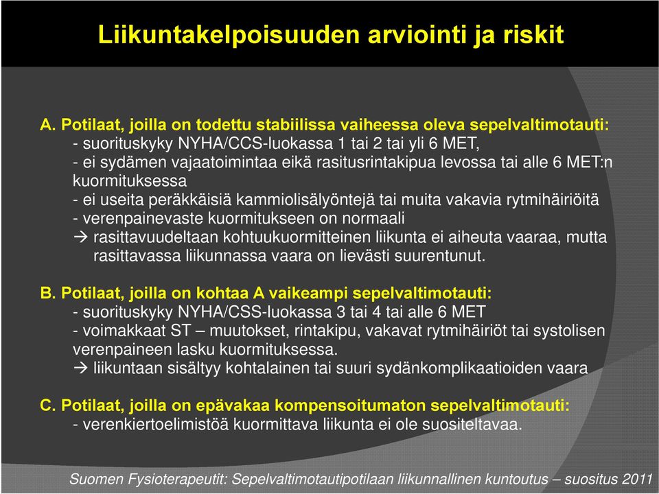 6 MET:n kuormituksessa - ei useita peräkkäisiä kammiolisälyöntejä tai muita vakavia rytmihäiriöitä - verenpainevaste kuormitukseen on normaali rasittavuudeltaan kohtuukuormitteinen liikunta ei