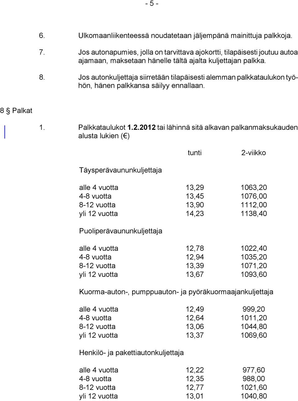 Jos autonkuljettaja siirretään tilapäisesti alemman palkkataulukon työhön, hänen palkkansa säilyy ennallaan. 8 Palkat 1. Palkkataulukot 1.2.