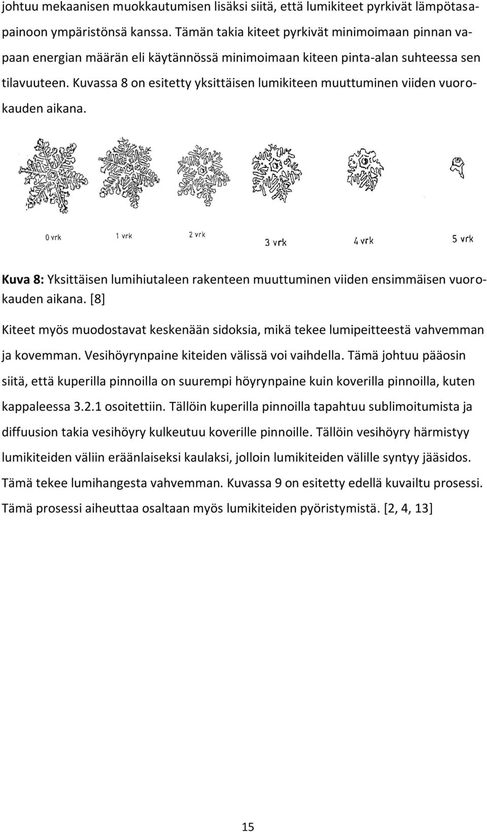 Kuvassa 8 on esitetty yksittäisen lumikiteen muuttuminen viiden vuorokauden aikana. Kuva 8: Yksittäisen lumihiutaleen rakenteen muuttuminen viiden ensimmäisen vuorokauden aikana.